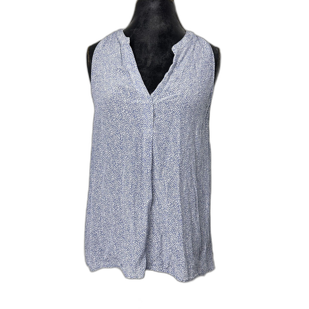 Joie 100% Silk Sleeveless Blouse Blue White Dot Print V Neck Tank Top L
